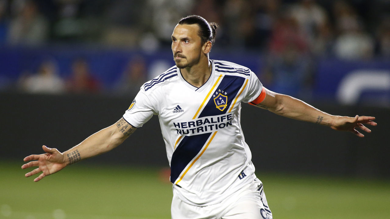 CARSON, CALIFORNIA - MARCH 31: Zlatan Ibrahimovic #9 of Los Angeles Galaxy celebrates his second goal against the Portland Timbers during the second half at Dignity Health Sports Park on March 31, 2019 in Carson, California.