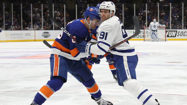 UNIONDALE, NEW YORK - FEBRUARY 28: John Tavares #91 of the Toronto Maple Leafs skates against the New York Islanders at NYCB Live's Nassau Coliseum on February 28, 2019 in Uniondale City. The Islanders defeated the Maple Leafs 6-1.