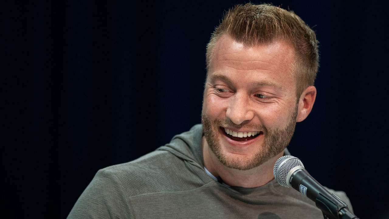 INDIANAPOLIS, IN - FEBRUARY 28: Los Angeles Rams head coach Sean McVay answers questions from the media during the NFL Scouting Combine on February 28, 2019 at the Indiana Convention Center in Indianapolis, IN.