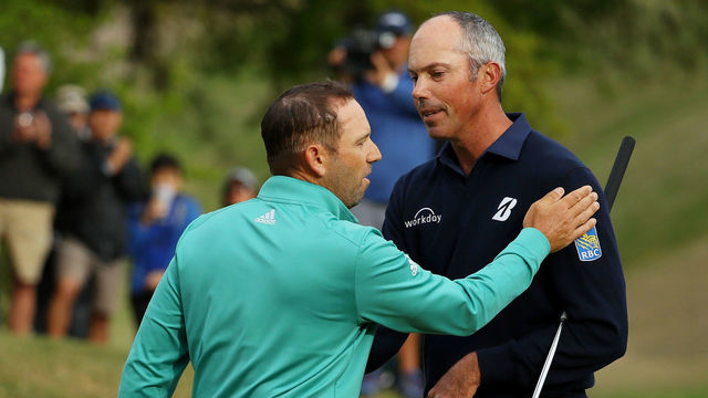 AUSTIN, TEXAS - MARCH 30: Matt Kuchar of the United States shakes hands with Sergio Garcia of Spain after defeating him 2up during the quarterfinal round of the World Golf Championships-Dell Technologies Match Play at Austin Country Club on March 30, 2019 in Austin, Texas.