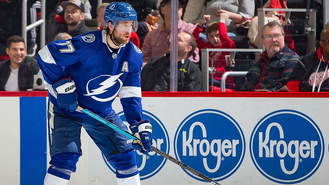 DETROIT, MI - MARCH 14: Victor Hedman #77 of the Tampa Bay Lightning follows the play against the Detroit Red Wings during an NHL game at Little Caesars Arena on March 14, 2019 in Detroit, Michigan. Tampa defeated Detroit 5-4.
