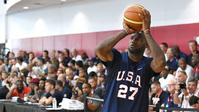 LAS VEGAS, NV - AUGUST 12: LeBron James #27 of the 2015 USA Basketball Men's National Team shoots during a practice session at the Mendenhall Center on August 12, 2015 in Las Vegas, Nevada.