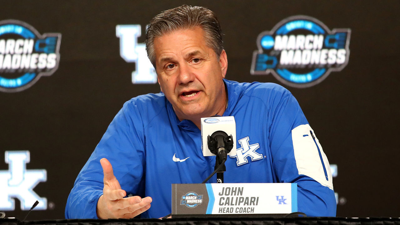 KANSAS CITY, MISSOURI - MARCH 28: Head coach John Calipari of the Kentucky Wildcats speaks with the media at a press conference during a practice session ahead of the 2019 NCAA Basketball Tournament Midwest Regional at Sprint Center on March 28, 2019 in Kansas City, Missouri.