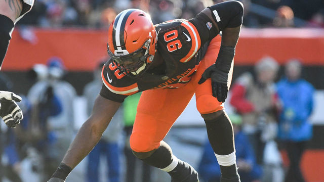 CLEVELAND, OH - NOVEMBER 11, 2018: Defensive end Emmanuel Ogbah #90 of the Cleveland Browns awaits the snap in the third quarter of a game against the Atlanta Falcons on November 11, 2018 at FirstEnergy Stadium in Cleveland, Ohio. Cleveland won 28-16. (Photo by: 2018 Nick Cammett/Diamond Images/Getty Images)