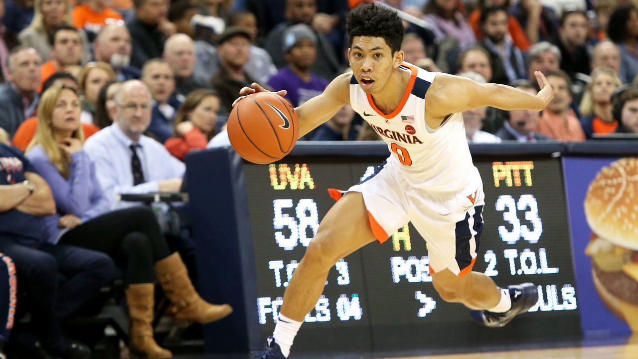 CHARLOTTESVILLE, VA - MARCH 02: Kihei Clark #0 of the Virginia Cavaliers drives to the basket in the second half during a game against the Pittsburgh Panthers at John Paul Jones Arena on March 2, 2019 in Charlottesville, Virginia.