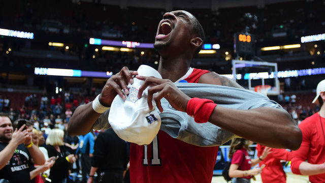 ANAHEIM, CALIFORNIA - MARCH 30: Tariq Owens #11 of the Texas Tech Red Raiders celebrates after defeating the Gonzaga Bulldogs during the 2019 NCAA Men's Basketball Tournament West Regional at Honda Center on March 30, 2019 in Anaheim, California.
