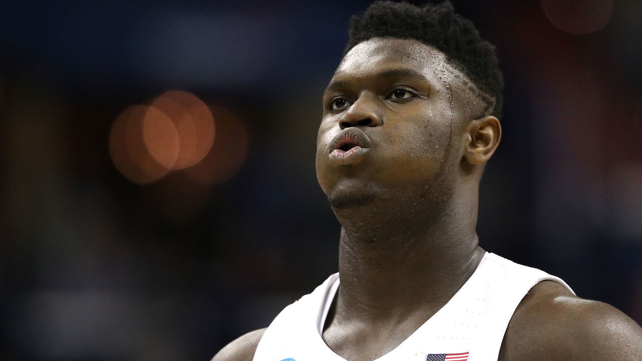WASHINGTON, DC - MARCH 31: Zion Williamson #1 of the Duke Blue Devils looks on against the Michigan State Spartans in the East Regional game of the 2019 NCAA Men's Basketball Tournament at Capital One Arena on March 31, 2019 in Washington, DC.