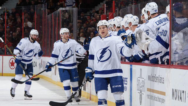 OTTAWA, ON - APRIL 1: Yanni Gourde #37 of the Tampa Bay Lightning high fives the bench after a first period goal on the Ottawa Senators at Canadian Tire Centre on April 1, 2019 in Ottawa, Ontario, Canada.