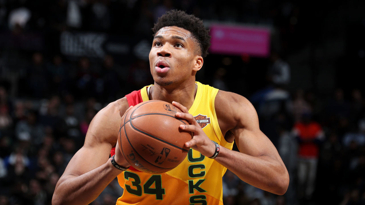 BROOKLYN, NY - APRIL 1 - Giannis Antetokounmpo #34 of the Milwaukee Bucks shoots a free-throw against the Brooklyn Nets on April 1, 2019 at Barclays Center in Brooklyn, New York. Mandatory Copyright Notice: Copyright 2019 NBAE