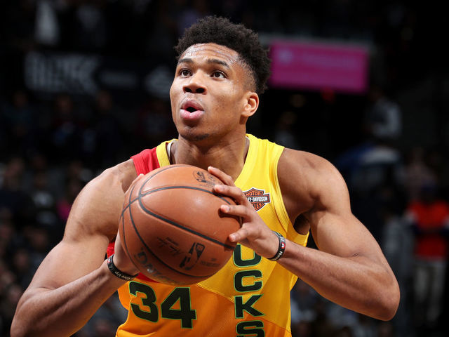 BROOKLYN, NY - APRIL 1 - Giannis Antetokounmpo #34 of the Milwaukee Bucks shoots a free-throw against the Brooklyn Nets on April 1, 2019 at Barclays Center in Brooklyn, New York. Mandatory Copyright Notice: Copyright 2019 NBAE
