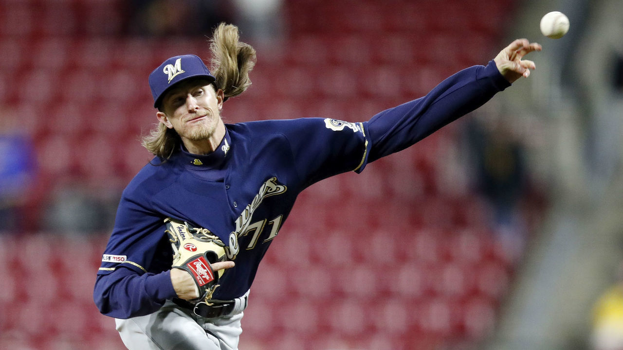 CINCINNATI, OH - APRIL 01: Josh Hader #71 of the Milwaukee Brewers pitches against the Cincinnati Reds in the ninth inning at Great American Ball Park on April 1, 2019 in Cincinnati, Ohio. The Brewers won 4-3.