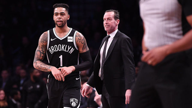 NEW YORK, NY - FEBRUARY 25: Head Coach Kenny Atkinson and D'Angelo Russell #1 of the Brooklyn Nets look on during the game against the San Antonio Spurs at Barclays Center on February 25, 2019 in the Brooklyn borough of New York City.