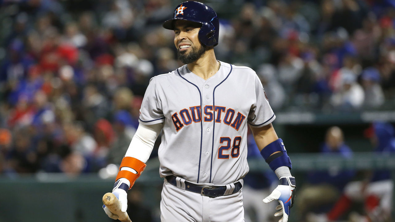 ARLINGTON, TX - APRIL 1: Robinson Chirinos #28 of the Houston Astros reacts between pitches against the Texas Rangers during the eighth inning at Globe Life Park in Arlington on April 1, 2019 in Arlington, Texas. The Astros won 2-1.