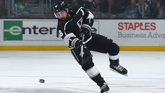 LOS ANGELES, CA - MARCH 14: Drew Doughty #8 of the Los Angeles Kings passes the puck during the first period of the game against the Nashville Predators at STAPLES Center on March 14, 2019 in Los Angeles, California.