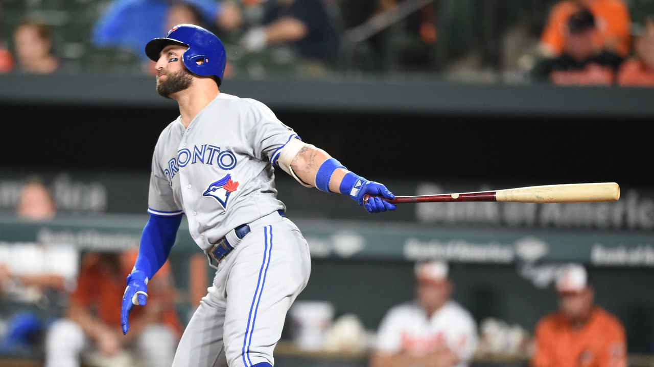 BALTIMORE, MD - SEPTEMBER 17: Kevin Pillar #11 of the Toronto Blue Jays hits a two run home run in the seventh inning during a baseball game against the Baltimore Orioles at Oriole Park at Camden Yards on September 17, 2018 in Baltimore, Maryland.