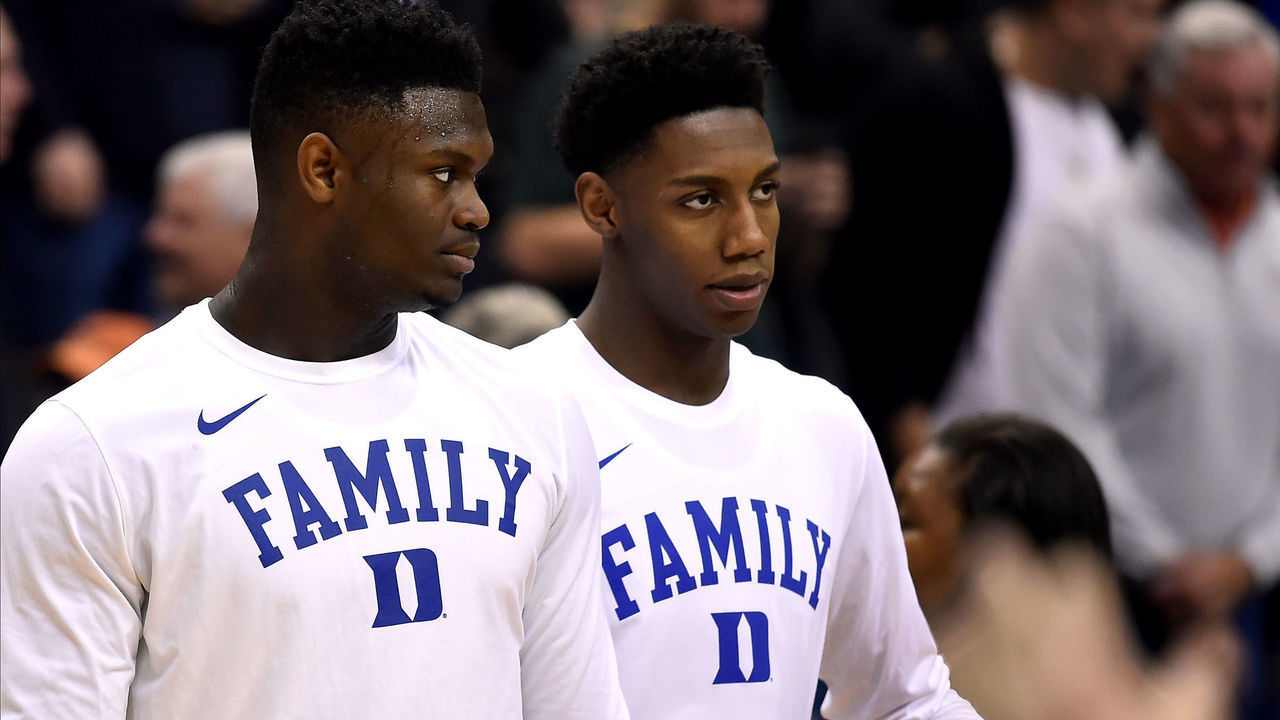 WASHINGTON, DC - MARCH 29: Zion Williamson (L) and RJ Barrett of the Duke Blue Devils warm up prior to their game against the Virginia Tech Hokies during the 2019 NCAA Men's Basketball Tournament East Regional Semifinals at Capital One Arena on March 29, 2019 in Washington, DC.