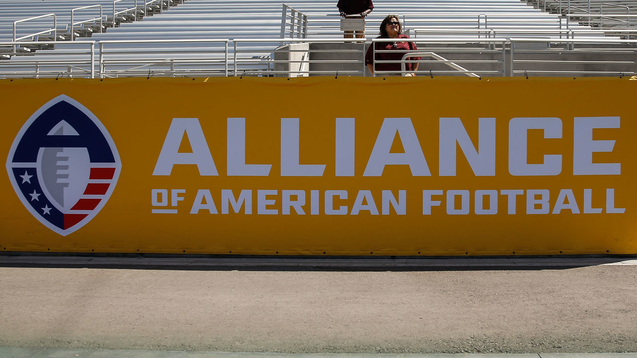 TEMPE, AZ - MARCH 24: The Alliance of American Football and logo on a banner during the AAF football game between the San Diego Fleet and the Arizona Hotshots on March 24, 2019 at Sun Devil Stadium in Tempe, Arizona.