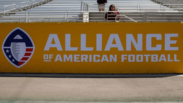 TEMPE, AZ - MARCH 24: The Alliance of American Football and logo on a banner during the AAF football game between the San Diego Fleet and the Arizona Hotshots on March 24, 2019 at Sun Devil Stadium in Tempe, Arizona.