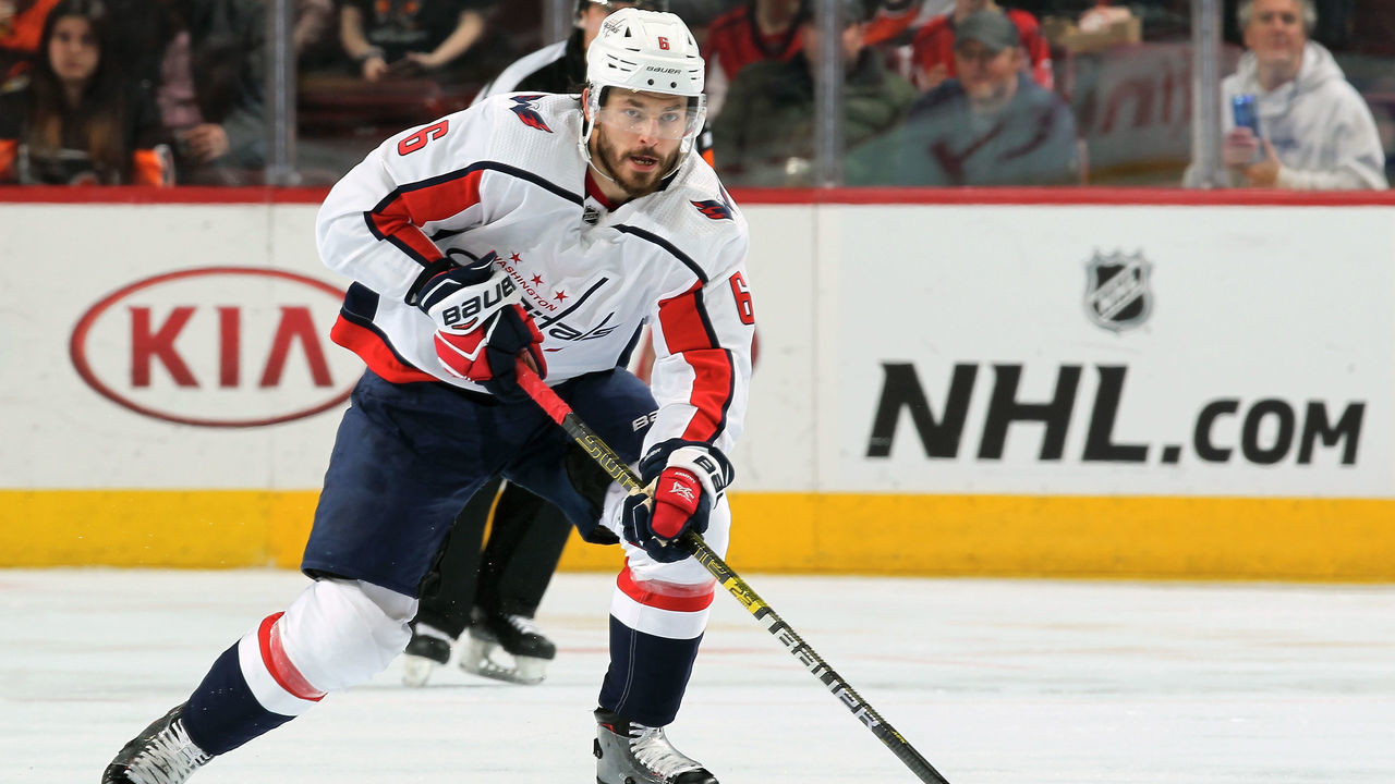 PHILADELPHIA, PA - MARCH 14: Michal Kempny #6 of the Washington Capitals skates the puck against the Philadelphia Flyers on March 14, 2019 at the Wells Fargo Center in Philadelphia, Pennsylvania.