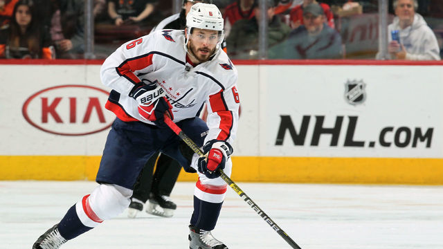 PHILADELPHIA, PA - MARCH 14: Michal Kempny #6 of the Washington Capitals skates the puck against the Philadelphia Flyers on March 14, 2019 at the Wells Fargo Center in Philadelphia, Pennsylvania.