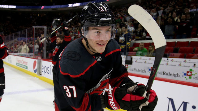 RALEIGH, NC - MARCH 16: Andrei Svechnikov #37 of the Carolina Hurricanes celebrates after defeating the Buffalo Sabres during an NHL game on March 16, 2019 at PNC Arena in Raleigh, North Carolina.