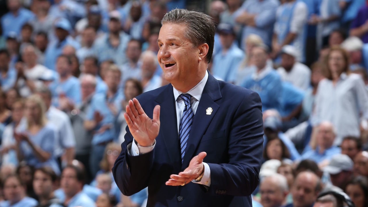 MEMPHIS, TN - MARCH 26: John Calipari head coach of the University of Kentucky Wildcats celebrates during a game against the University of North Carolina Tar Heels during the 2017 NCAA Men's Basketball Tournament at FedExForum on March 26, 2017 in Memphis, Tennessee.