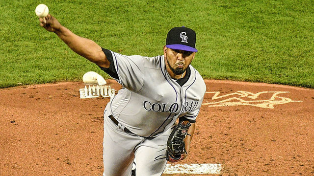 MIAMI, FL - MARCH 29: German Marquez #48 of the Colorado Rockies throws a pitch in the first inning during the game against the Miami Marlins at Marlins Park on March 29, 2019 in Miami, Florida.
