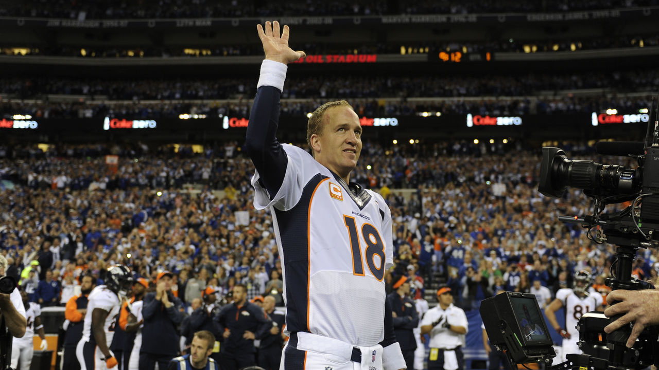 INDIANAPOLIS, IN. - October 20: Quarterback Peyton Manning (18) of the Denver Broncos acknowledges the crowd before his game vs the Indianapolis Colts at Lucas Oil Stadium. October 20, 2013 Indianapolis, Indiana.