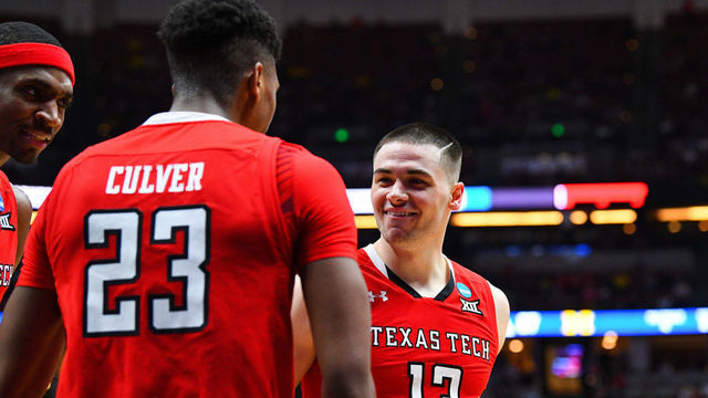 ANAHEIM, CA - MARCH 28: Texas Tech guard Jarrett Culver (23) celebrates with Texas Tech guard Matt Mooney (13) after a basket during the NCAA Division I Men's Championship Sweet Sixteen round basketball game between the Texas Tech Red Raiders and the Michigan Wolverines on March 28, 2019 at Honda Center in Anaheim, CA.