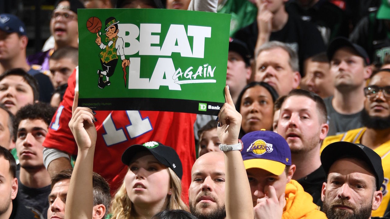 BOSTON, MA - FEBRUARY 7: A fan holds a sign prior to the game between the Los Angeles Lakers and Boston Celtics on February 7, 2019 at the TD Garden in Boston, Massachusetts. NOTE TO USER: User expressly acknowledges and agrees that, by downloading and/or using this photograph, user is consenting to the terms and conditions of the Getty Images License Agreement. Mandatory Copyright Notice: Copyright 2019 NBAE