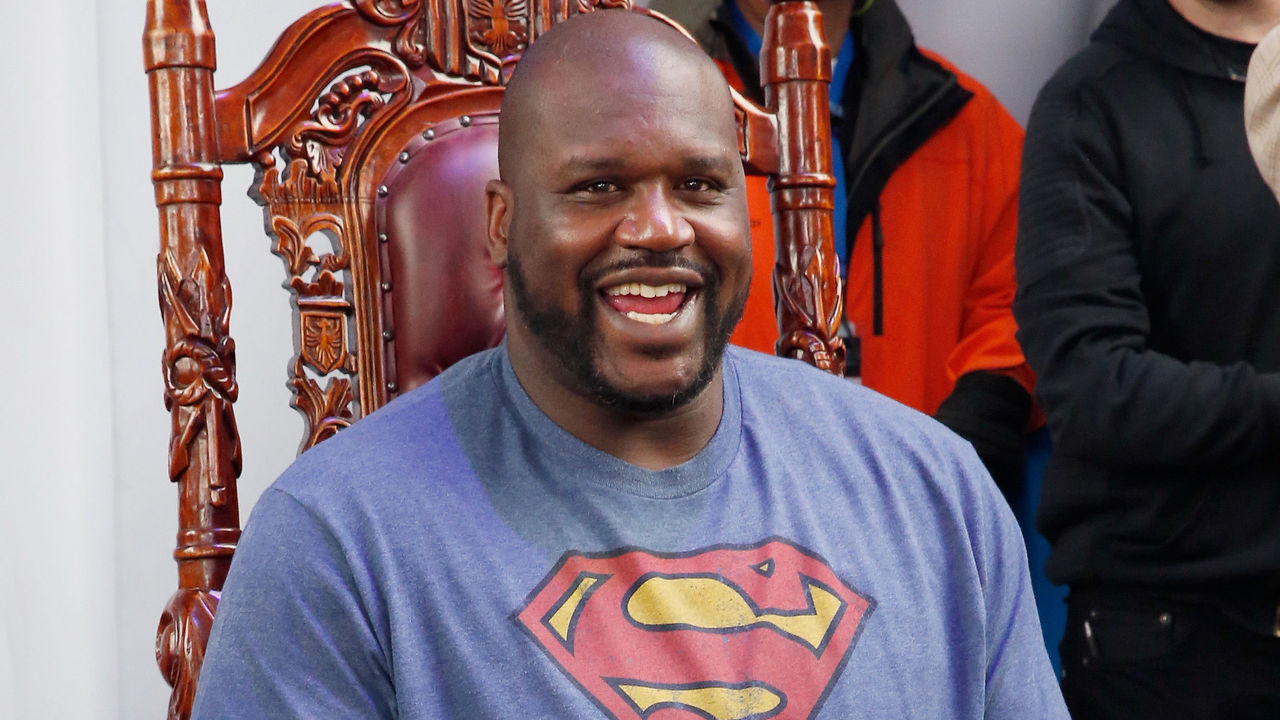 PHOENIX, AZ - JANUARY 31: Shaq poses for instant paintings at Bud Light House of Whatever, which featured three days of parties, concerts and activities leading up to Super Bowl XLIX.