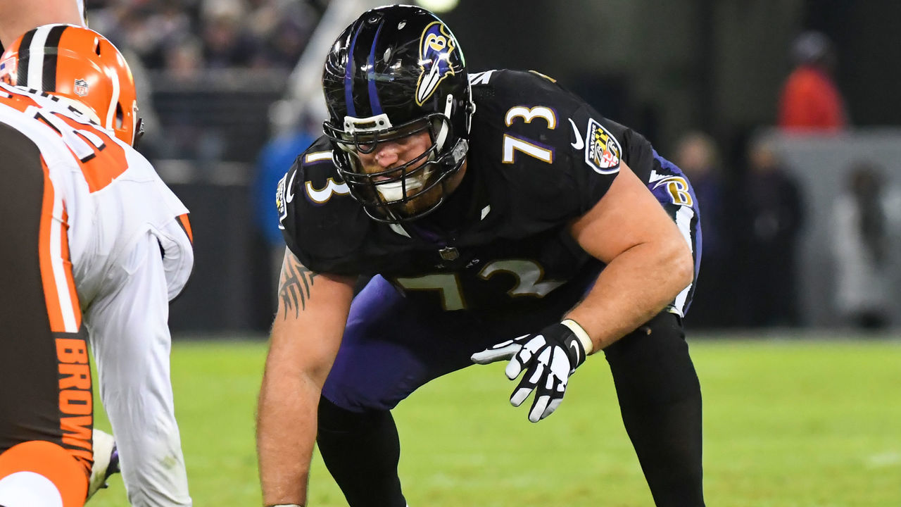 BALTIMORE, MD - DECEMBER 30, 2018: Offensive guard Marshal Yanda #73 of the Baltimore Ravens awaits the snap in the second quarter of a game against the Cleveland Browns on December 30, 2018 at M&T Bank Stadium in Baltimore, Maryland. Baltimore won 26-24. (Photo by: 2018 Nick Cammett/Diamond Images/Getty Images)