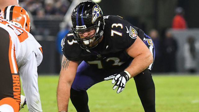 BALTIMORE, MD - DECEMBER 30, 2018: Offensive guard Marshal Yanda #73 of the Baltimore Ravens awaits the snap in the second quarter of a game against the Cleveland Browns on December 30, 2018 at M&T Bank Stadium in Baltimore, Maryland. Baltimore won 26-24. (Photo by: 2018 Nick Cammett/Diamond Images/Getty Images)