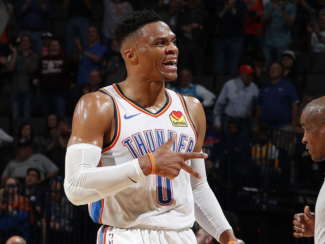 OKLAHOMA CITY, OK- APRIL 2: Russell Westbrook #0 of the Oklahoma City Thunder reacts after joining NBA Legend Wilt Chamberlain as the 2nd player to record a 20/20/20 game in NBA History / on April 2, 2019 at Chesapeake Energy Arena in Oklahoma City, Oklahoma. Mandatory Copyright Notice: Copyright 2019 NBAE