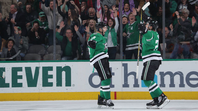 DALLAS, TX - APRIL 2: Tyler Pitlick #18 and Roope Hintz #24 of the Dallas Stars celebrate a goal against the Philadelphia Flyers at the American Airlines Center on April 2, 2019 in Dallas, Texas.