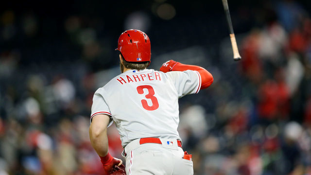 WASHINGTON, DC - APRIL 02: Bryce Harper #3 of the Philadelphia Phillies flips his bat after hitting a two-run home run in the eighth inning during the game between the Philadelphia Phillies and the Washington Nationals at Nationals Park on Tuesday, April 2, 2019 in Washington, District of Columbia.