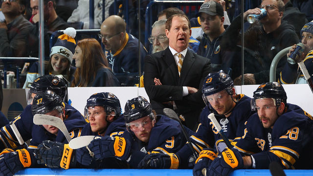 BUFFALO, NY - NOVEMBER 13: Buffalo Sabres head coach Phil Housley watches the action during an NHL game against the Tampa Bay Lightning on November 13, 2018 at KeyBank Center in Buffalo, New York.