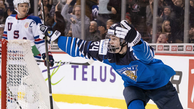 VANCOUVER, BC - JANUARY 5: Kaapo Kakko #24 of Finland after scoring what proved to be the game winning goal in Gold Medal hockey action of the 2019 IIHF World Junior Championship against the United States on January, 5, 2019 at Rogers Arena in Vancouver, British Columbia, Canada.