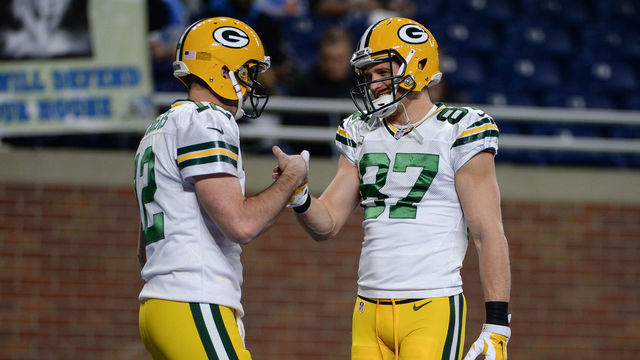 DETROIT, MI - JANUARY 01: Packers quarterback Aaron Rodgers (12) and Packers wide receiver Jordy Nelson (87) chat prior to a NFC North NFL football game between Detroit and Green Bay on January 1, 2017, at Ford Field in Detroit, MI.