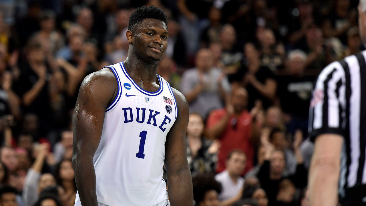 COLUMBIA, SC - MARCH 24: Zion Williamson #1 of the Duke Blue Devils reacts following a play in the first half against the Central Florida Knights during the second round of the 2019 NCAA Men's Basketball Tournament at Colonial Life Arena on March 24, 2019 in Columbia, South Carolina.