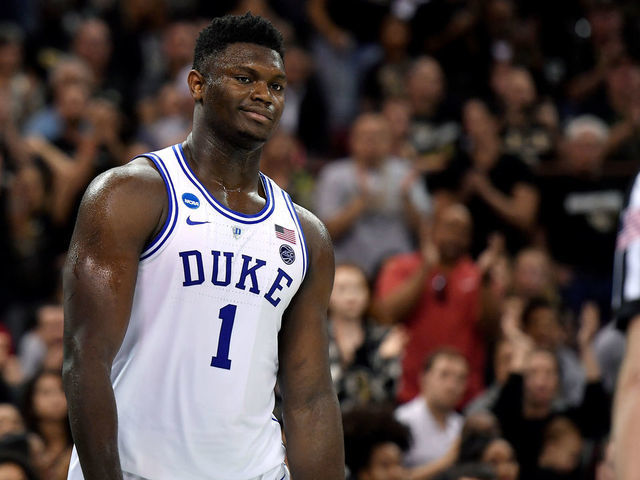 COLUMBIA, SC - MARCH 24: Zion Williamson #1 of the Duke Blue Devils reacts following a play in the first half against the Central Florida Knights during the second round of the 2019 NCAA Men's Basketball Tournament at Colonial Life Arena on March 24, 2019 in Columbia, South Carolina.