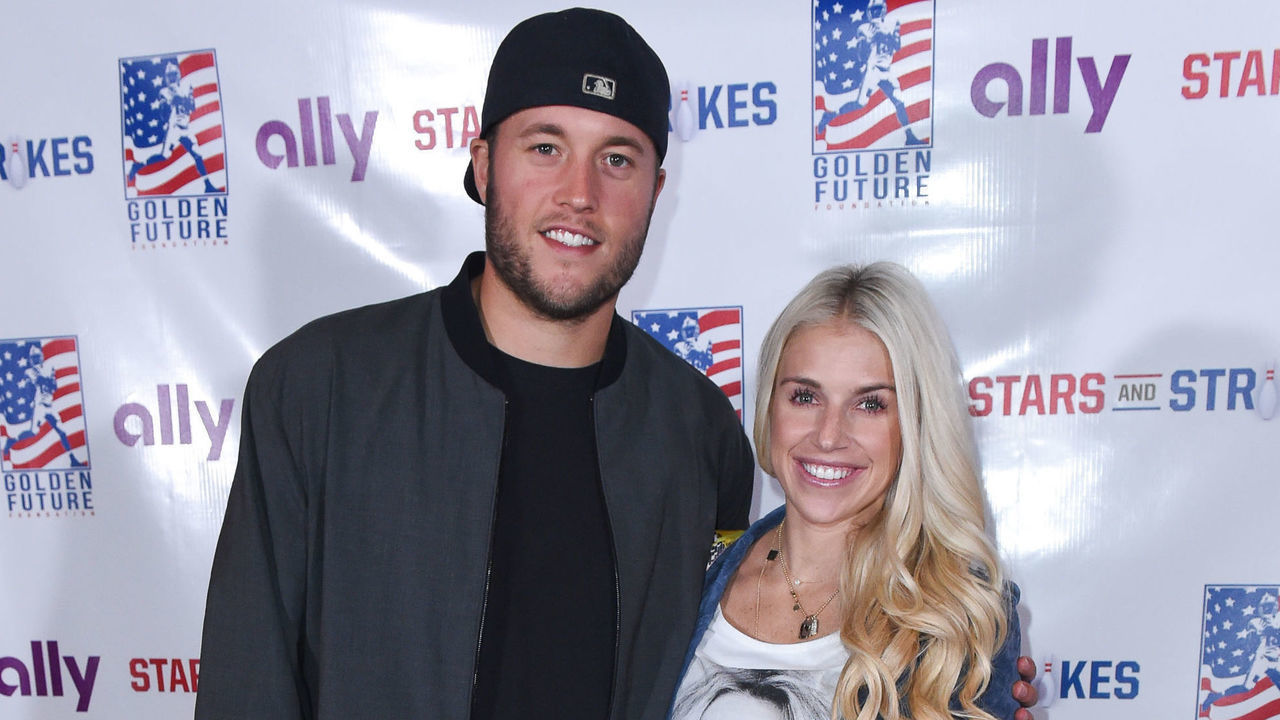 DETROIT, MI - SEPTEMBER 11: Matthew Stafford and Kelly Stafford arrive to Golden Tate's 3rd Annual Stars and Strikes Bowling Event on September 11, 2017 in Detroit, Michigan.