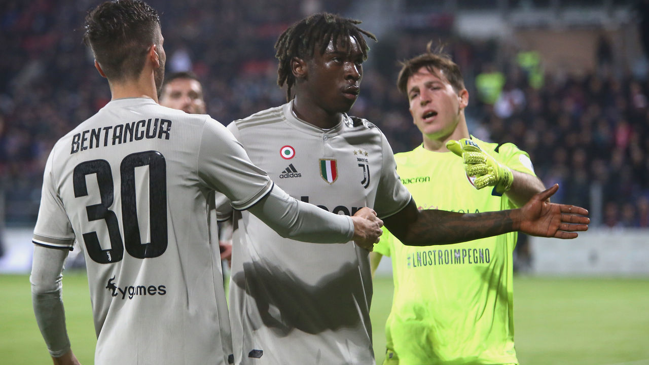 CAGLIARI, ITALY - APRIL 02: Moise Kean of Juventus celebrates his goal 0-2 during the Serie A match between Cagliari and Juventus at Sardegna Arena on April 2, 2019 in Cagliari, Italy.