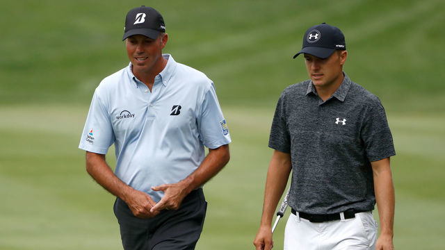 AKRON, OH - AUGUST 06: Matt Kuchar and Jordan Spieth walk up the fairway during the final round of the World Golf Championships - Bridgestone Invitational at Firestone Country Club South Course on August 6, 2017 in Akron, Ohio.