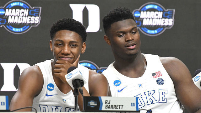 WASHINGTON, DC - MARCH 29: RJ Barrett #5 andZion Williamson #1 of the Duke Blue Devils addresses the media after the East Regional game of the 2019 NCAA Men's Basketball Tournament against the Virginia Tech Hokies at Capital One Arena on March 29, 2019 in Washington, DC.