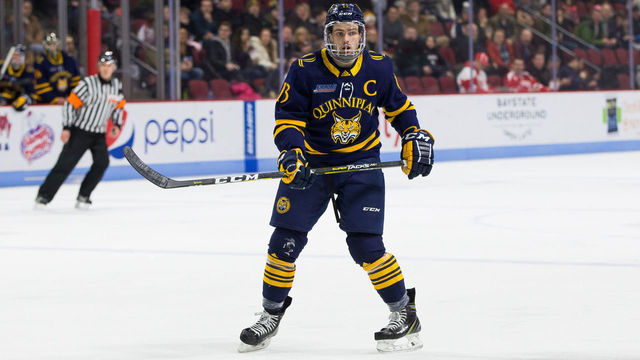 BOSTON, MA - JANUARY 19: Chase Priskie #13 of the Quinnipiac University Bobcats skates against the Boston University Terriers during NCAA men's hockey at Agganis Arena on January 19, 2019 in Boston, Massachusetts. The Bobcats won 4-3 on a goal with 2.5 seconds remaining in regulation.