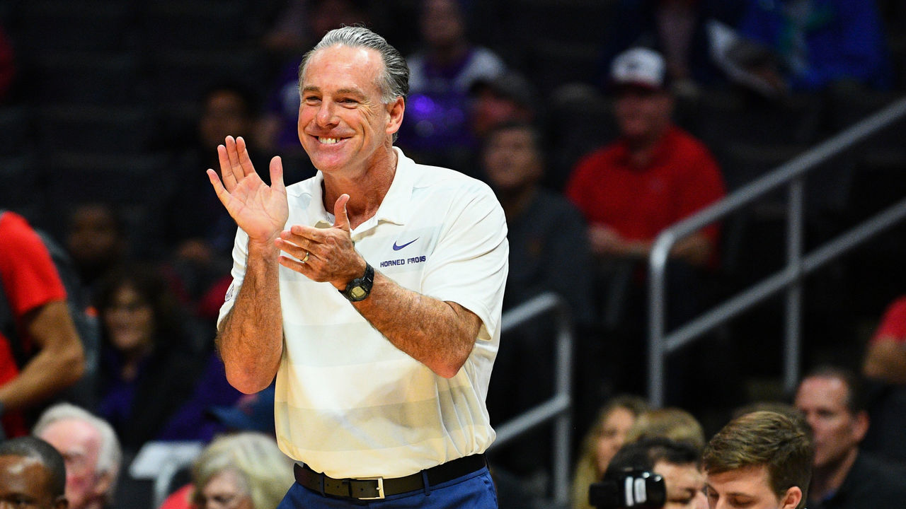 LOS ANGELES, CA - DECEMBER 07: TCU head coach Jamie Dixon reacts to a call during an college basketball game between the TCU Horned Frogs and the USC Trojans in the Air Force Reserve Basketball Hall of Fame Classic on December 7, 2018 at STAPLES Center in Los Angeles, CA.