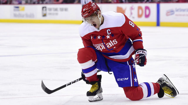 WASHINGTON, DC - MARCH 26: Alex Ovechkin #8 of the Washington Capitals celebrates after scoring a goal in the third period against the Carolina Hurricanes at Capital One Arena on March 26, 2019 in Washington, DC.
