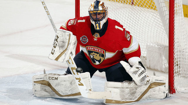 SUNRISE, FL - MARCH 21: Goaltender Roberto Luongo #1 of the Florida Panthers defends the net against the Arizona Coyotes at the BB&T Center on March 21, 2019 in Sunrise, Florida.