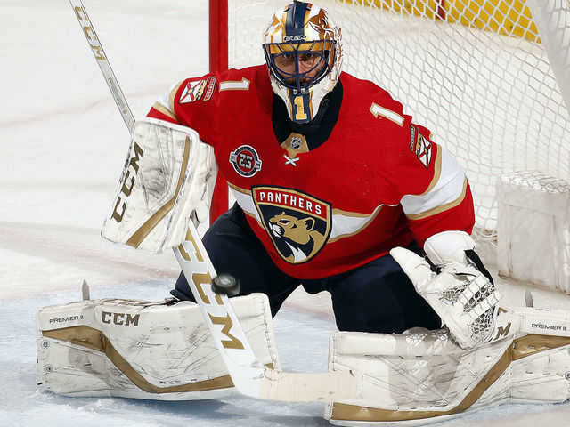 SUNRISE, FL - MARCH 21: Goaltender Roberto Luongo #1 of the Florida Panthers defends the net against the Arizona Coyotes at the BB&T Center on March 21, 2019 in Sunrise, Florida.